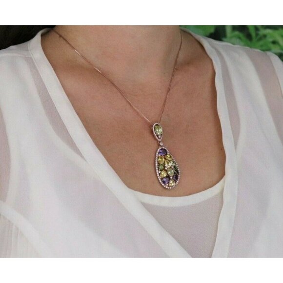 Rose Gold over Sterling Silver Multi Stone CZ Necklace 18 inch chain 1 mm wide - Picture 2 of 8